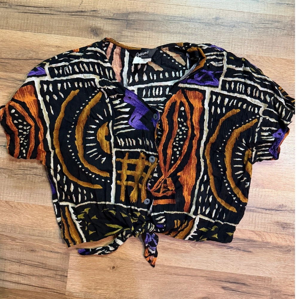 Options Melrose Top Black Abstract Print Vintage Boho Button Front Tie 90's Y2K